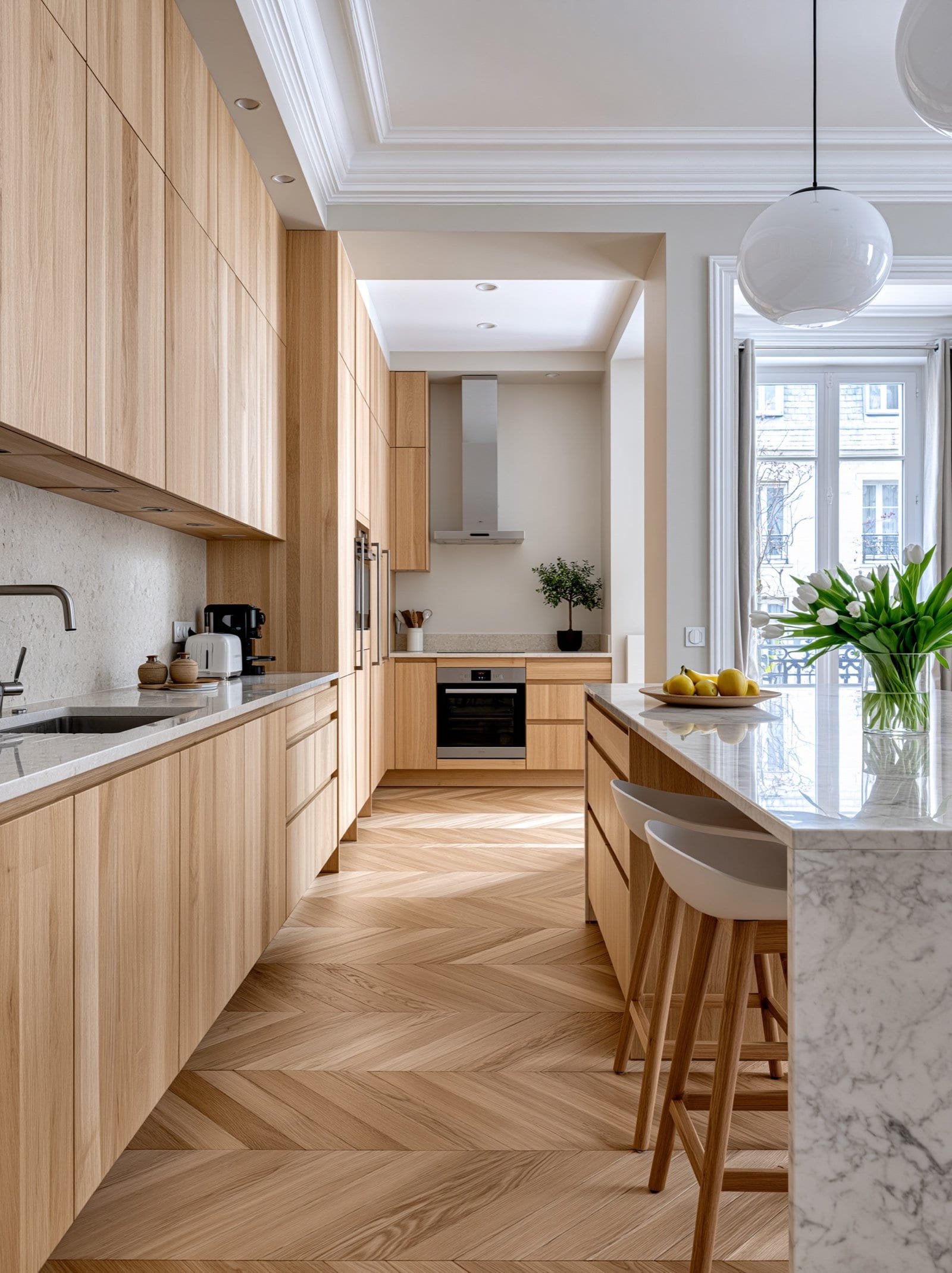 Cuisine en chêne clair, plan de travail en marbre et tabourets, parquet point de Hongrie