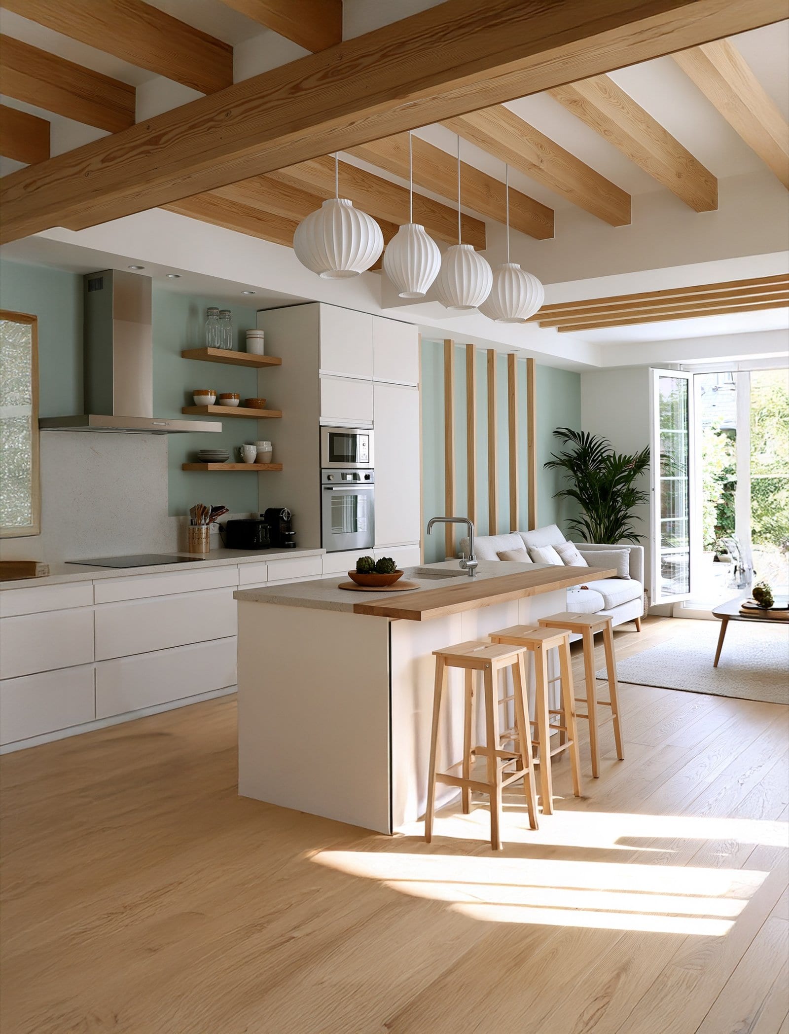 Îlot de cuisine blanc et tabourets en bois, lumière du jardin au fond
