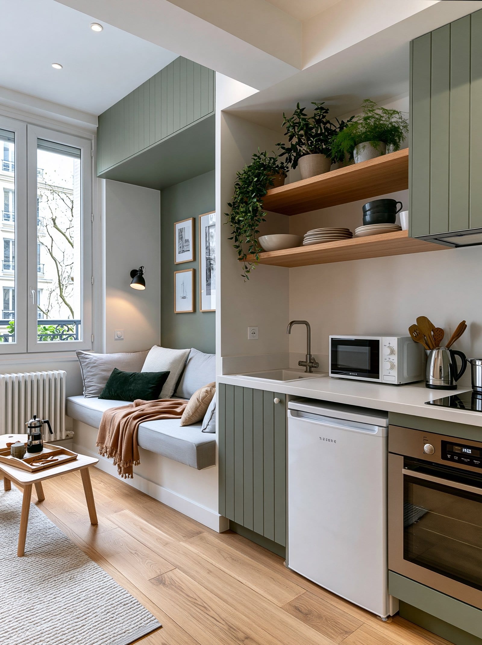 Studio avec banquette en alcôve sous la fenêtre, étagères en chêne et cuisine vert sauge